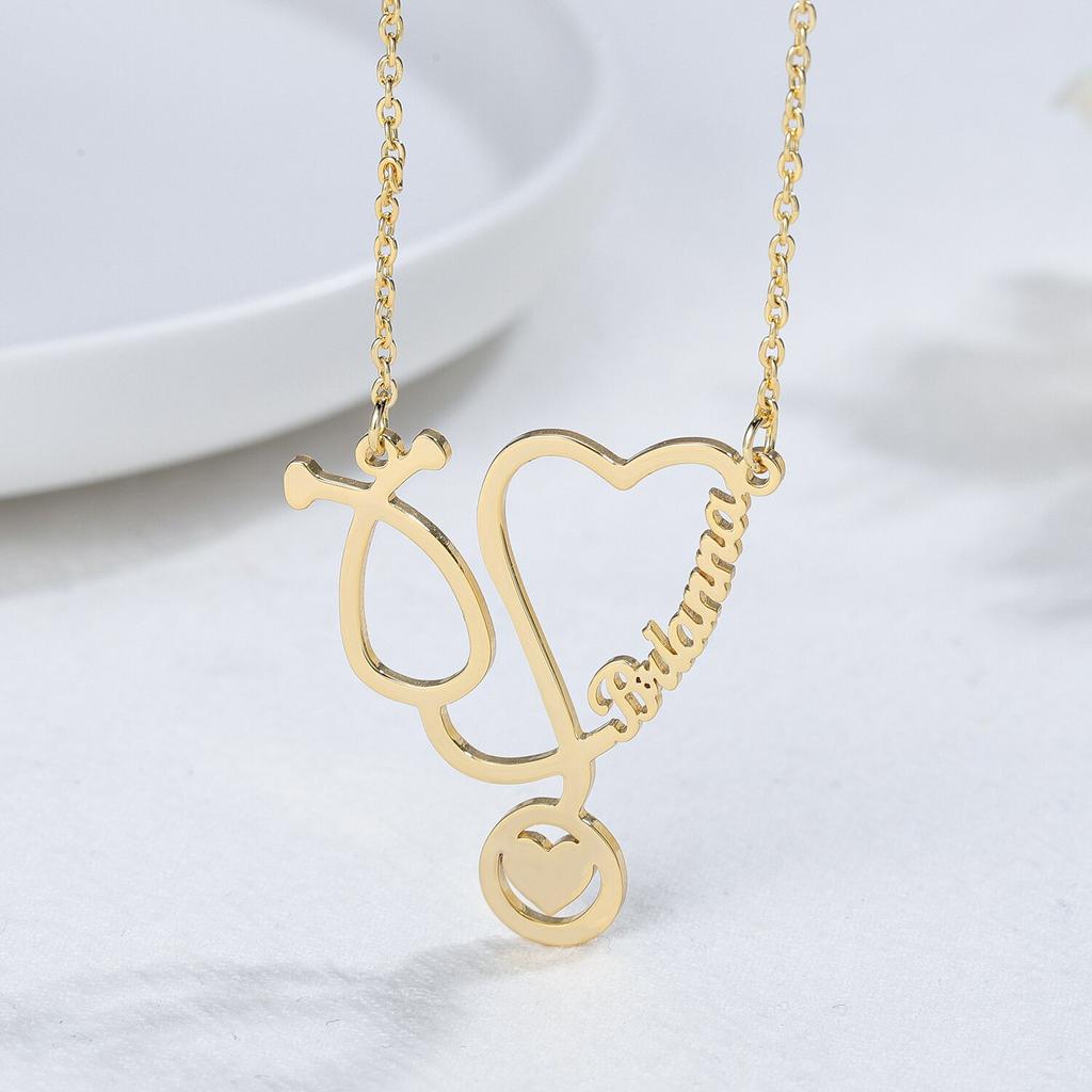Custom Name Necklaces Stainless Steel Jewelry Personalized Gold Tone Stethoscope Pendant Women Nameplate Necklaces Doctor Giveaway GiftTrendy