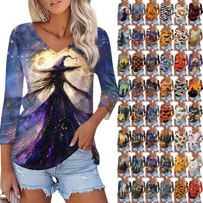Рубашка для женщин, модная, повседневная, с V-образным вырезом, рукавом 3/4, свободная, с принтом на Хэллоуин, женская футболка, топ