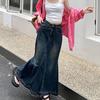 Women Skirt A-line Big Swing Denim Retro Pockets Patchwork Solid Color High Waist Button Zipper Closure Ankle Length Ripped Edge Lady Maxi Skirt
