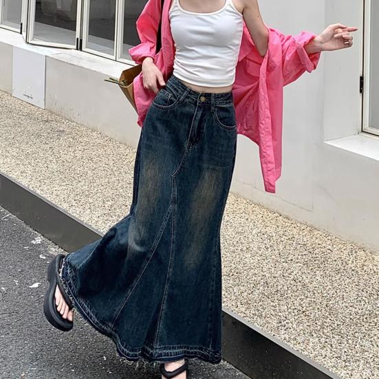 Women Skirt A-line Big Swing Denim Retro Pockets Patchwork Solid Color High Waist Button Zipper Closure Ankle Length Ripped Edge Lady Maxi Skirt