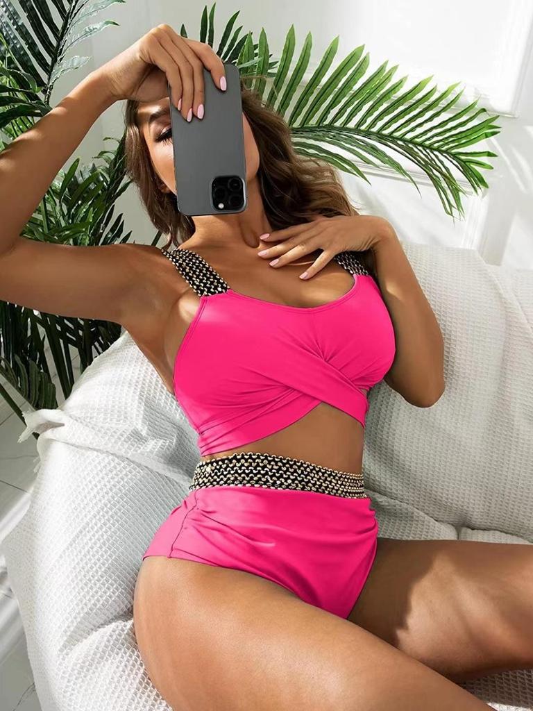 Бикини с высокой талией и леопардовым принтом 2023 года, пайетками и золотой резинкой