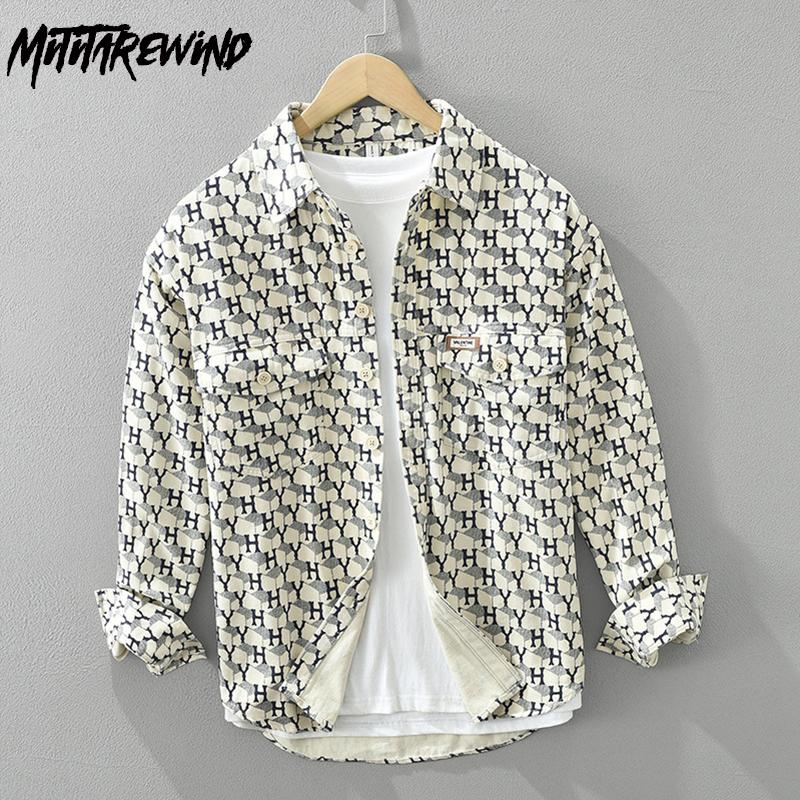 Новые модные мужские рубашки с длинным рукавом, весна и осень, уличная одежда, свободный верх, рубашки с двойными карманами и принтом, 100% хлопок, мягкая повседневная мужская одежда