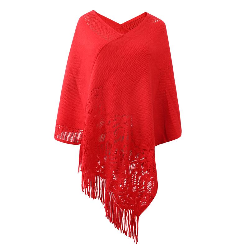 Women Autumn Cape Knitting Tassel Hollow Out Bohemian Solid Color Loose V Neck Irregular Plus Size Hem Shawl Fall Poncho