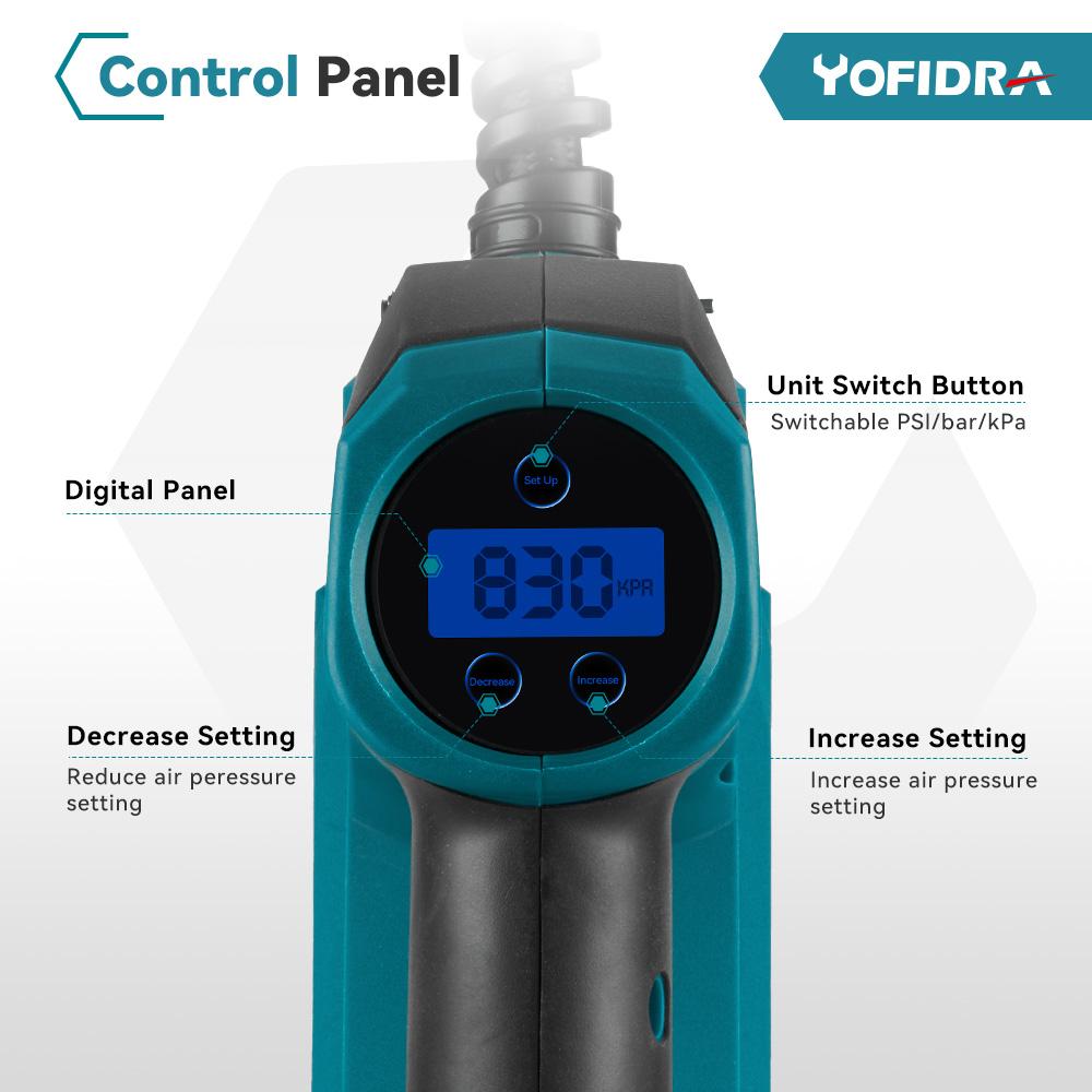 Yofidra Беспроводной электрический воздушный насос высокого давления с цифровым дисплеем, портативный перезаряжаемый автомобильный надувной насос для батареи Makita 18 В
