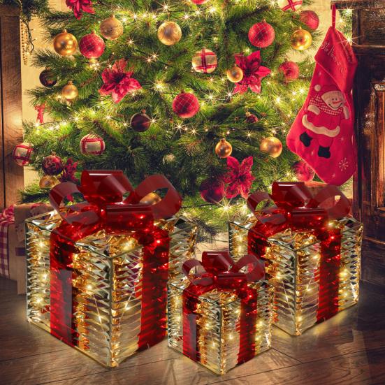 3 Pcs Christmas Lighted Gift Boxes Pre Lit Present Boxes with Bow And LED Light for Indoor Home Party Lawn Decor