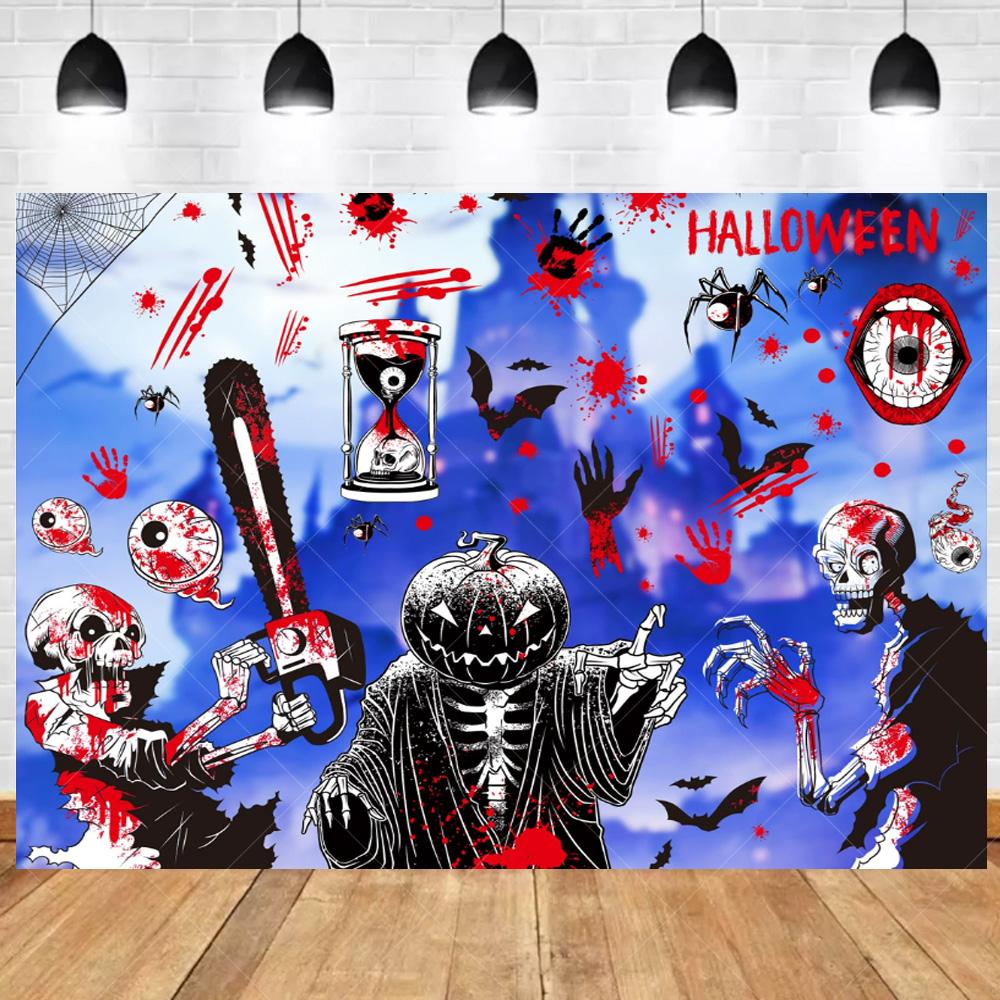 1pc Cute Halloween Party Backdrop with Castle Ghost Skeleton Bats Joker Dustproof Banner for Halloween Themed Party Decoration