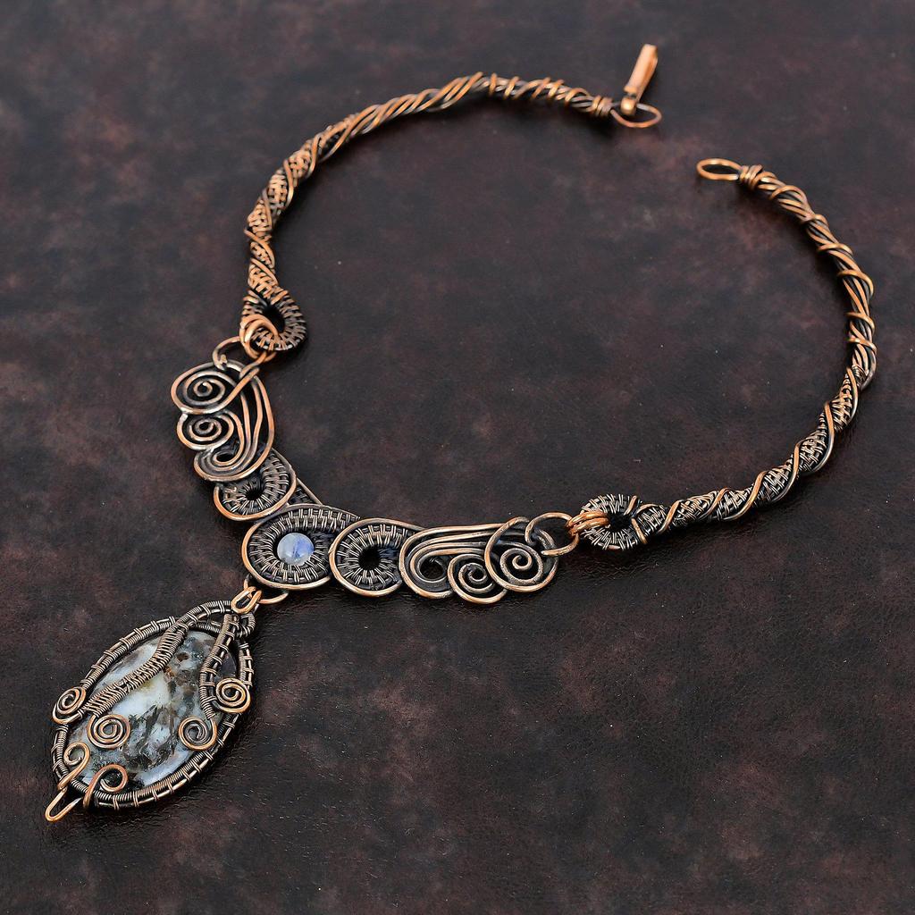 Ожерелье с астрофиллитом, ожерелье из медной проволоки, ювелирные изделия ручной работы в стиле бохо, ожерелье из радужного лунного камня, подарок для женщин, ювелирные изделия из меди с драгоценными камнями