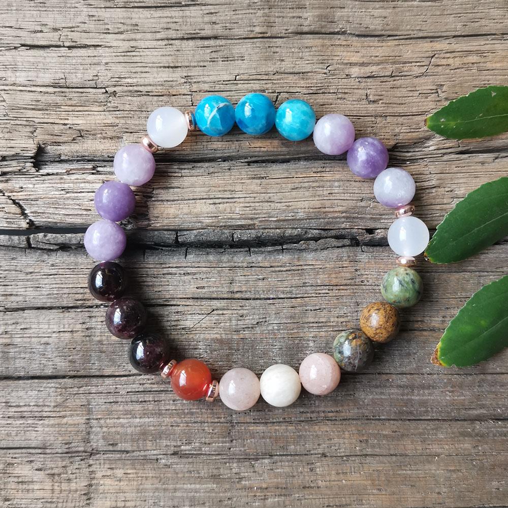 8mm Garnet,Apatite Stone Beads,Rose Quartz Pendant,Charm Bracelet,Rainbow Chakra Mala Bead Necklace,108 Mala Beads,Yoga Gift