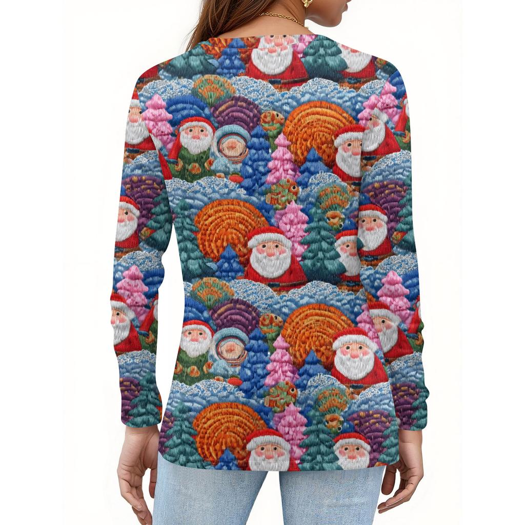 Women's Fashion Casual V-Neck Long Sleeve Decorative Button Christmas Print Top