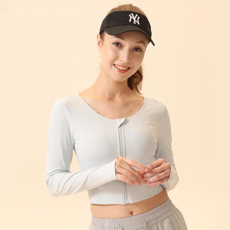 Женский топ для йоги с открытой спиной, длинным рукавом, передней молнией и вставками на груди - Быстросохнущий, облегающий, для бега и фитнеса