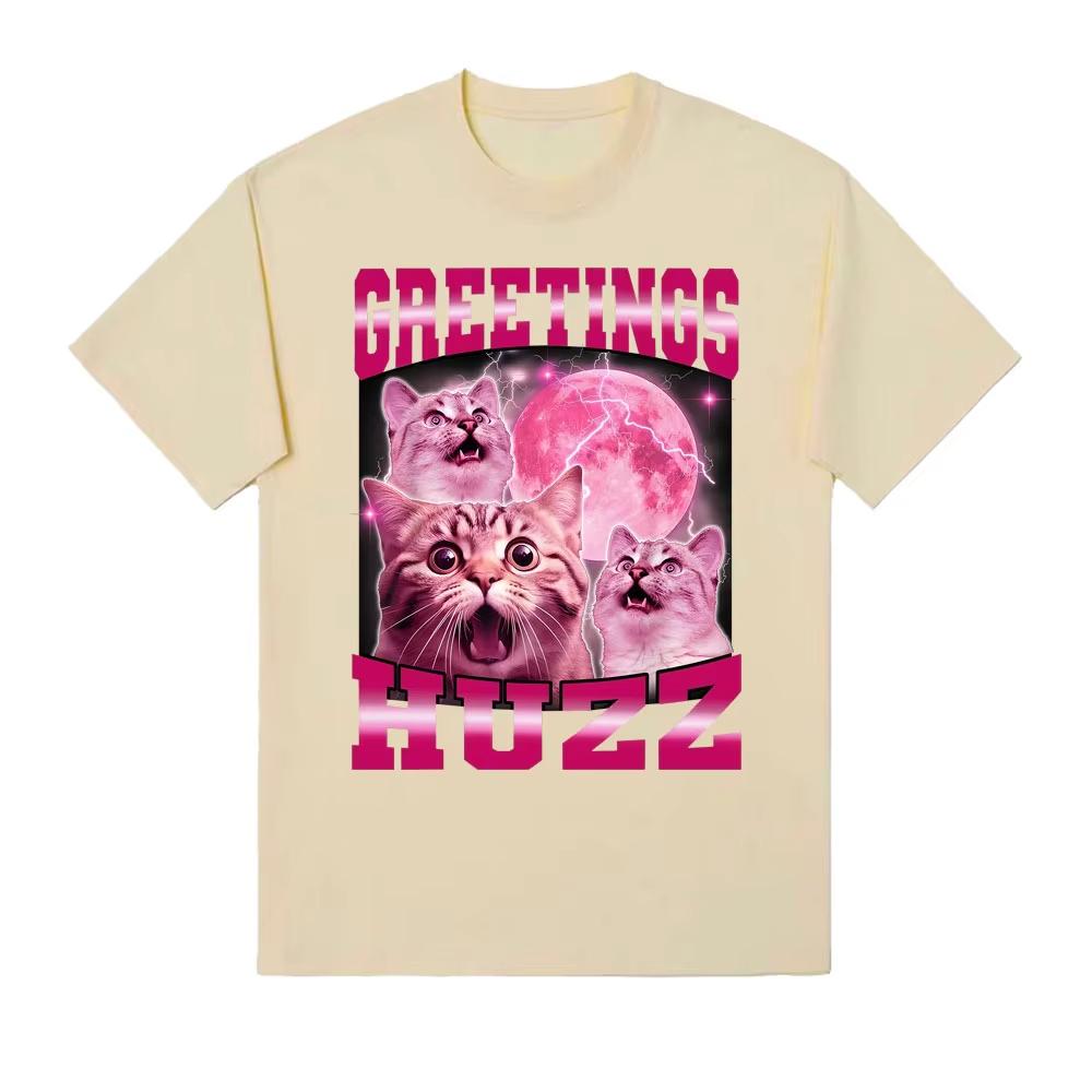 Greetings Huzz Funny Cat Gen Z Gen Alpha Slang Meme T Shirt Fashion Retro Short Sleeve T-shirts Men Women Casual Cotton T-shirts