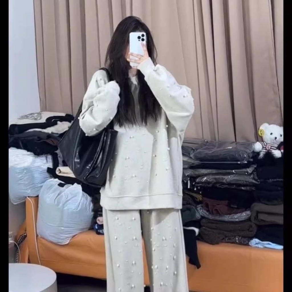 Плюс размер Весна и Осень Бисерный Длинный Рукав Толстовка Эластичный Высокая Талия Прямые Брюки Костюм