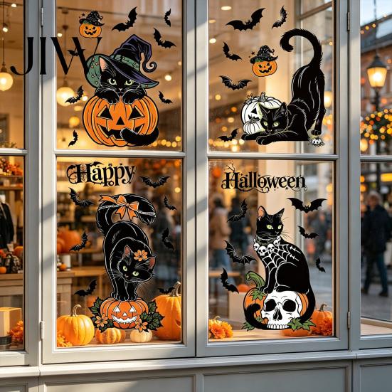 Seasonal Window Adsorption 4 Sheets Halloween Black Cat Clings, Spooky Pumpkin Reusable Sticker Sticker, Double Sided Static Decals for Glass