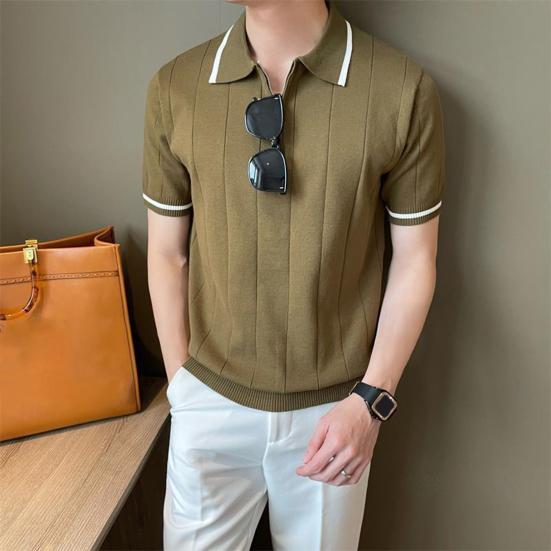 Мужская летняя рубашка, тонкая трикотажная, с коротким рукавом, на молнии, с лацканами, эластичный подол, полосатая, однотонная, свободная рубашка для поездок на работу и путешествий на открытом воздухе