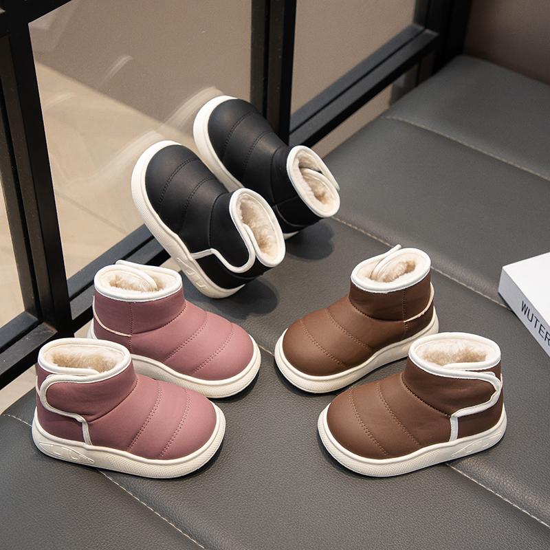 Детские короткие ботинки, детские кожаные зимние ботинки, нескользящие, для мальчиков и девочек, толстые, теплые, плюшевые, меховые ботинки, нескользящие, простые, 2024, зимние новые