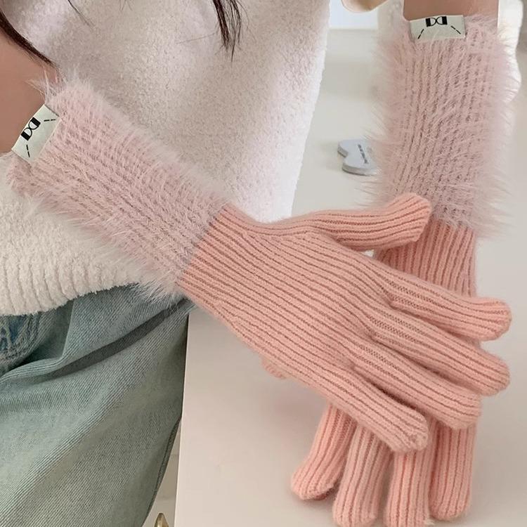 Осень и Зима Дофаминовый Однотонный Теплый Вязаный Варежки с Пятью Пальцами - Универсальные, Милые, Длинный Велосипедный Рукав для Девочек