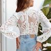 Sexy Lace Blouse Women Long Sleeve Tops Casual White Crochet Hollow Out Cropped Womens Shirt Stand Collar Female Blusas 16296