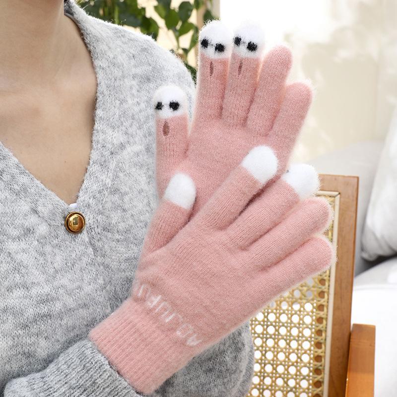 Милые шерстяные перчатки без пальцев с мультяшным принтом для осени и зимы - теплые, универсальные, морозостойкие вязаные перчатки для студентов