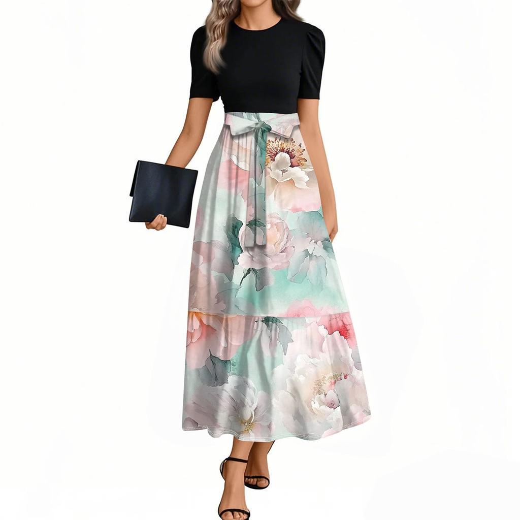 Женское элегантное модное повседневное платье с цветочным принтом и поясом, короткими рукавами и круглым вырезом