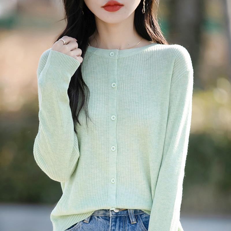 Women's Spring Korean Style Loose Wool Cardigan - Round Neck, Long Sleeve