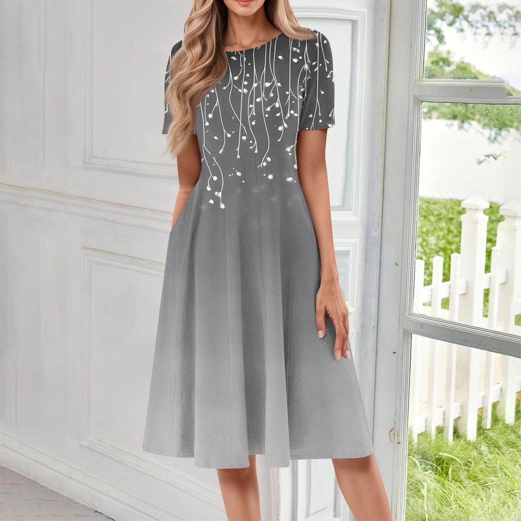 Женское повседневное модное платье миди с круглым вырезом и коротким рукавом с принтом
