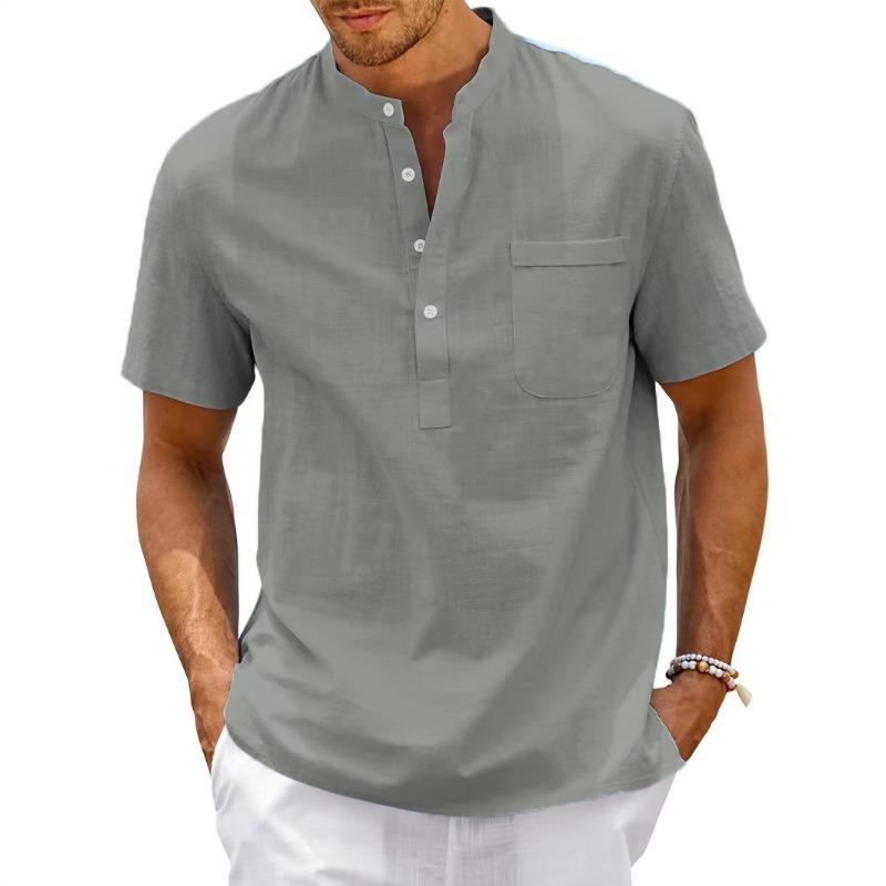 Мужская рубашка-henley из смесовой ткани, однотонная, с воротником-стойкой, короткий рукав, повседневная, для отпуска, с нагрудным карманом, пуловер