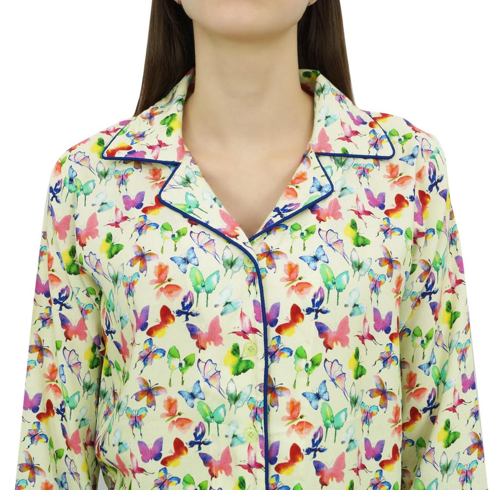 Bimba Cream Button-Down Shirt With Elastic Waist Pajama Pant 2 Pcs Pj