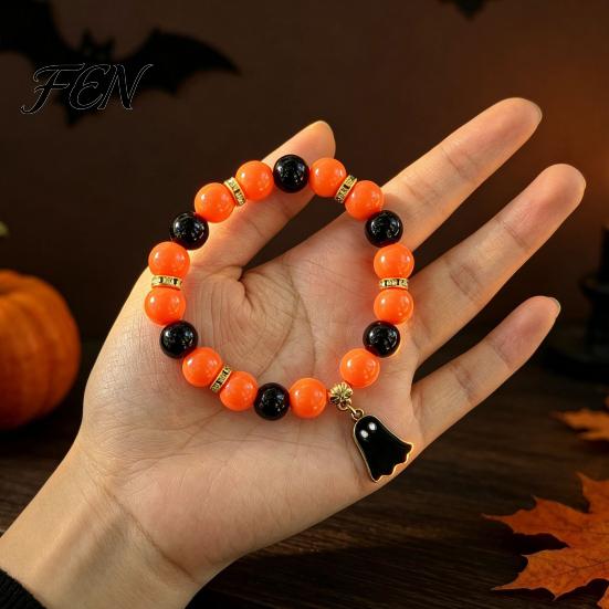 Festive Stackable Bead Bangles Halloween Beaded Bracelet for Women, Orange Black Beads Stretch Comfortable Wristwear with Ghost Charm, Holiday