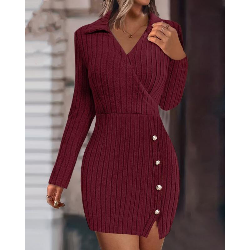 YYFS Women's Fashion Fall Winter Solid Color Print Long Sleeve POLO-Neck Casual Dresses