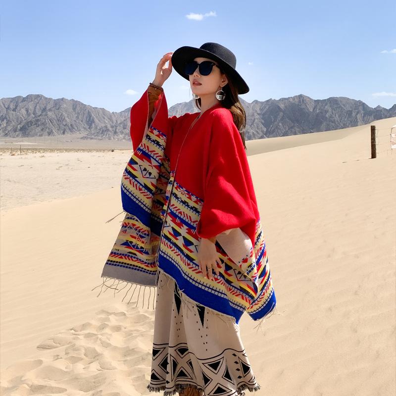 Tourism Ethnic Style Fringed Knitted Shawl Travel Photo Scarf Cape Northwest Prairie Cape Women