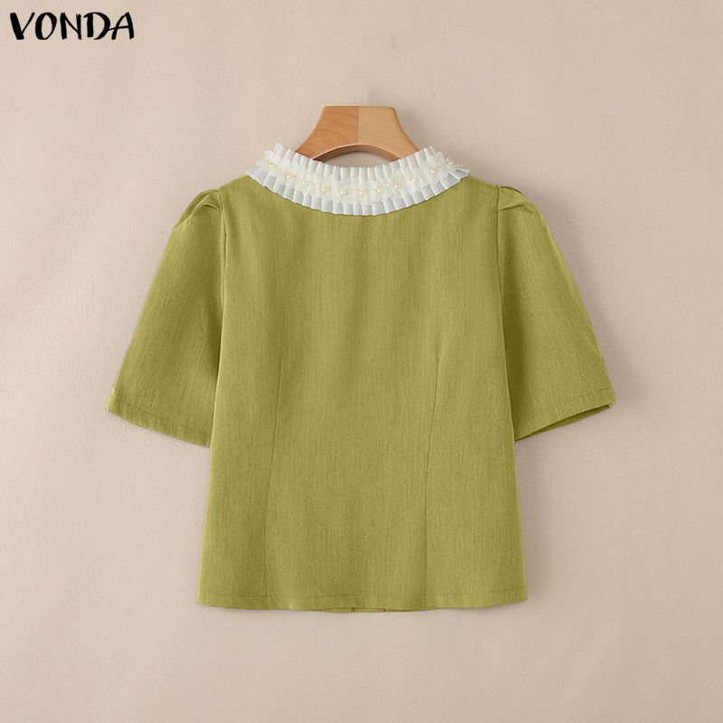 VONDA Женская повседневная блузка с оборками по низу, бисером, круглым вырезом, короткими рукавами, укороченная