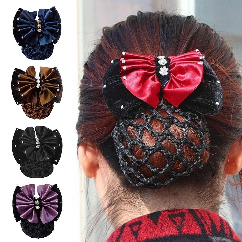 1Pcs Satin Bow Net Bun Hair Cover Bowknot Elastic Hairnet Nurse Stewardess Bun Snood for Women