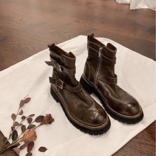 Ежегодные боевые ботинки Grape Mom в том же стиле~ Усадка после стирки, конская кожа, ремень с пряжкой, толстый каблук, ботинки-мартин до середины икры, женские, в стиле локомотива