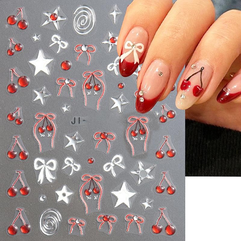 Fashion Red Cherry Rowknot 3D Nail Sticker Self-Adhesive Nail Art Decoration Sticker For Women Manicure Diy Decals Decoration