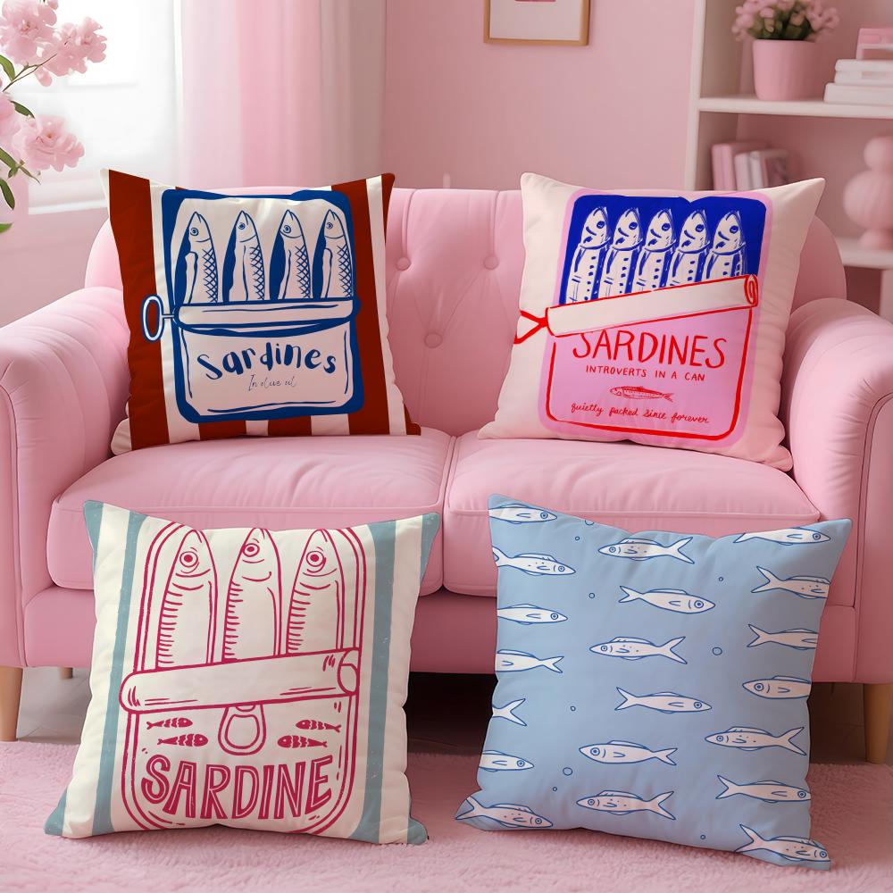 Food Coastal Charm Sardine Cushion Cover Cushion Cover Set 4Pcs 50X50 45X45 40X40 Pillowcase Decorative Sofa Home Decor
