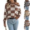 Женский повседневный свитер с длинным рукавом, контрастной клеткой и открытыми плечами