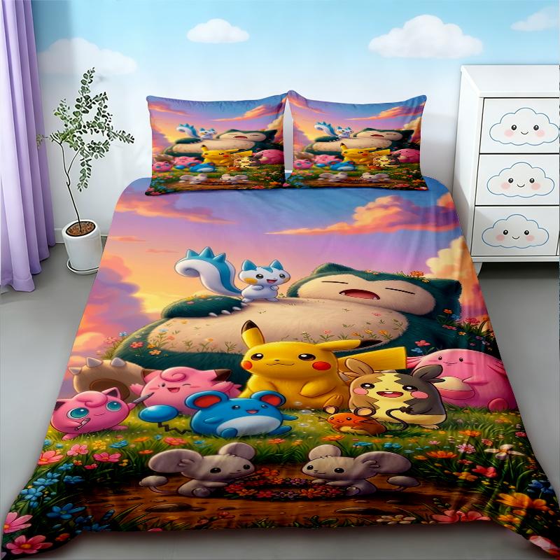 CDuvet Cover lassic P-Pikachu Print Bedding Set 3PC 1 2Pillowcases Adult and Children Bedding Set Warm Gift for Family