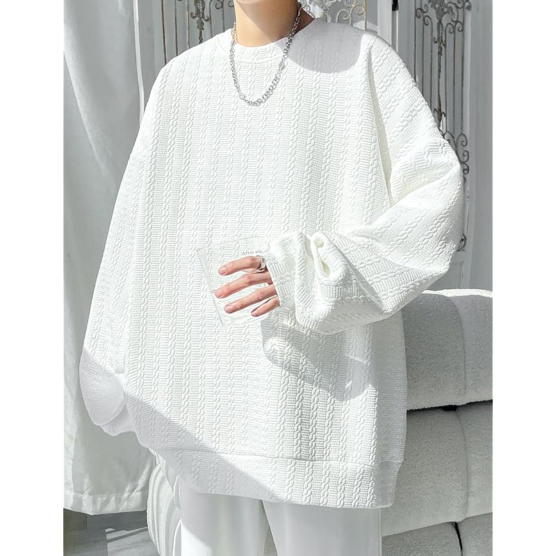 [JHIJSC] Men's Trainer Spring Long Sleeve Relaxing Casual Plain Color Fashionable Large Size (JP, Alphabet, M, White)