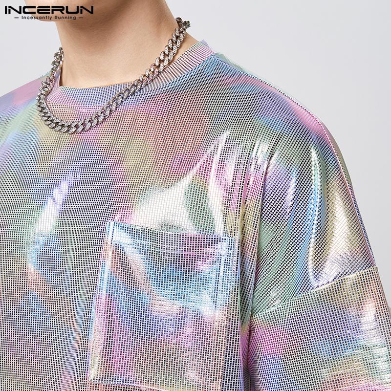 INCERUN Летние мужские блестящие топы с короткими рукавами с круглым вырезом и мокрым эффектом