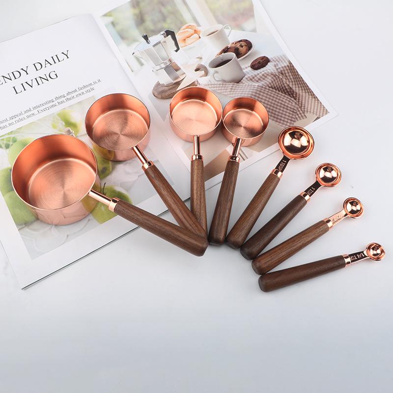 In-Stock Rose Gold & Walnut Wood Handle Measuring Spoons and Cups Set