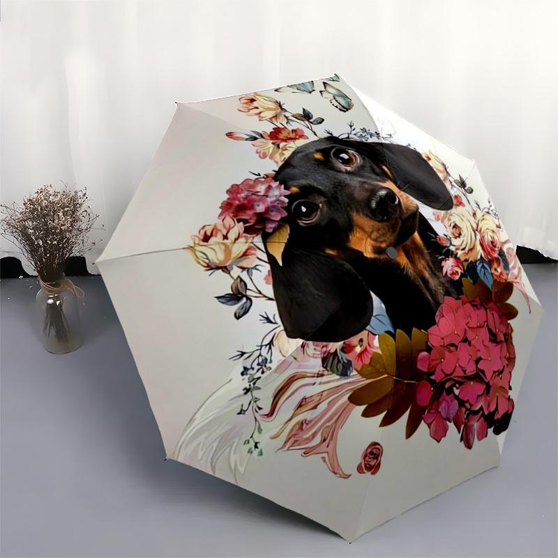 1pc Floral Dachshund with Butterflies Umbrella with Plastic Handle,Suitable for All Seasons Home Travel Outdoor UmbrellaDD1771