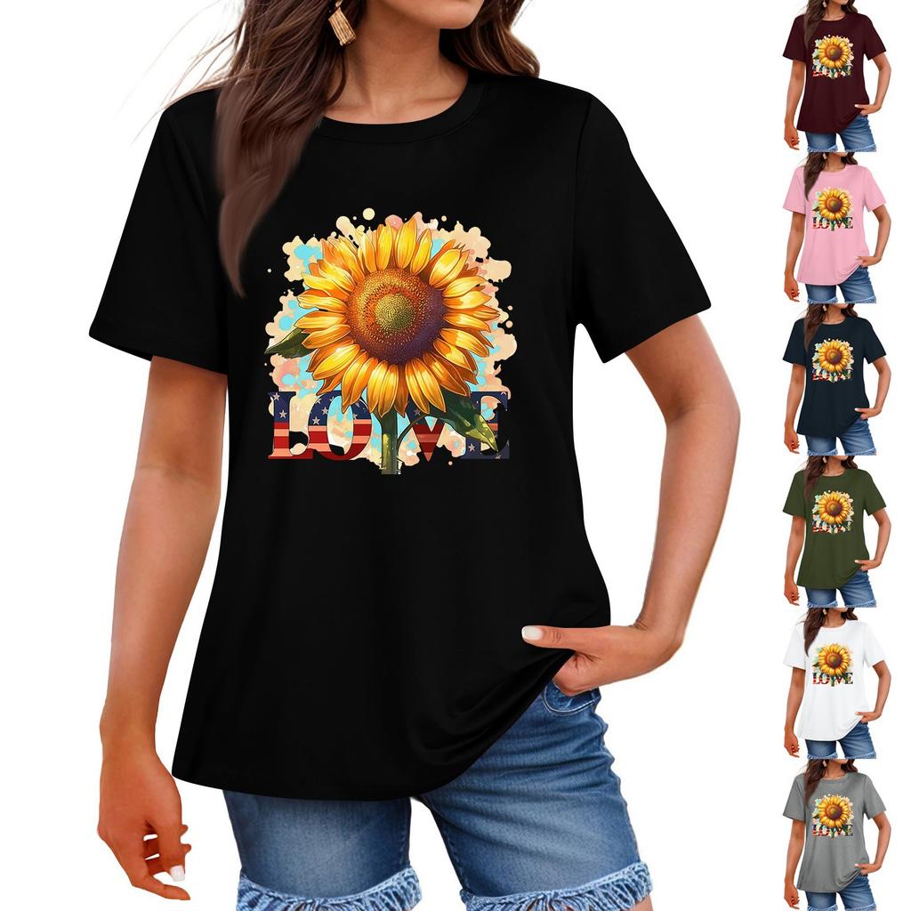 Women's Fashion Independence Day Printed Round Neck Short Sleeved Casual T-shirt Top