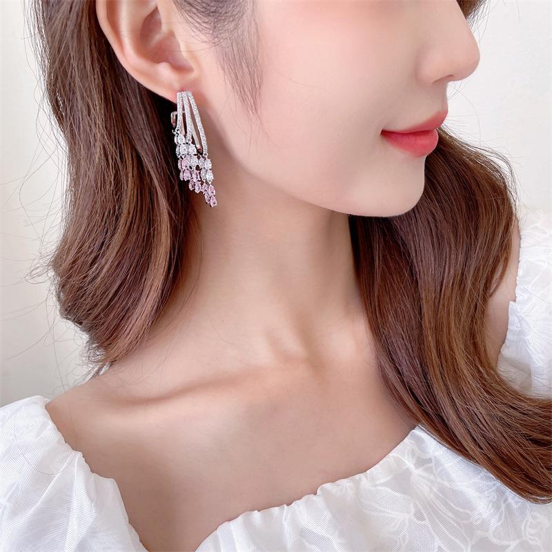 Серебряные серьги S925 с инкрустацией цирконами для вечернего платья, свадебные серьги для невесты, модные, легкие, роскошные, премиум-серьги с бахромой в форме капли воды