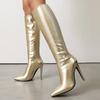 Модные женские сапоги до колена 2024 года, новые осенне-зимние туфли на молнии, роскошные длинные сапоги на каблуке золотого и серебряного цвета, женские, большой размер 45