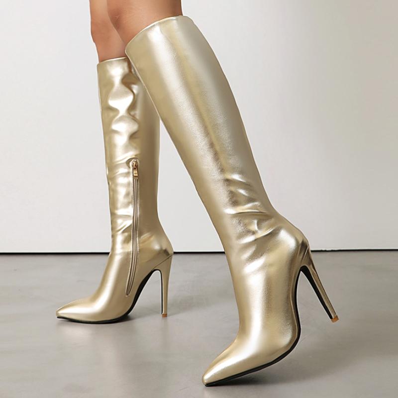 Модные женские сапоги до колена 2024 года, новые осенне-зимние туфли на молнии, роскошные длинные сапоги на каблуке золотого и серебряного цвета, женские, большой размер 45
