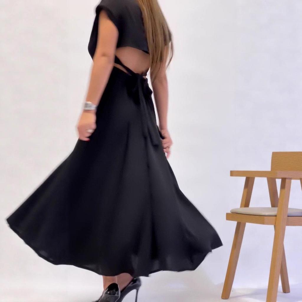 Лето 2025 Европейское и американское женское элегантное платье с драпированным вырезом, открытой спиной, сексуальное, стройнящее