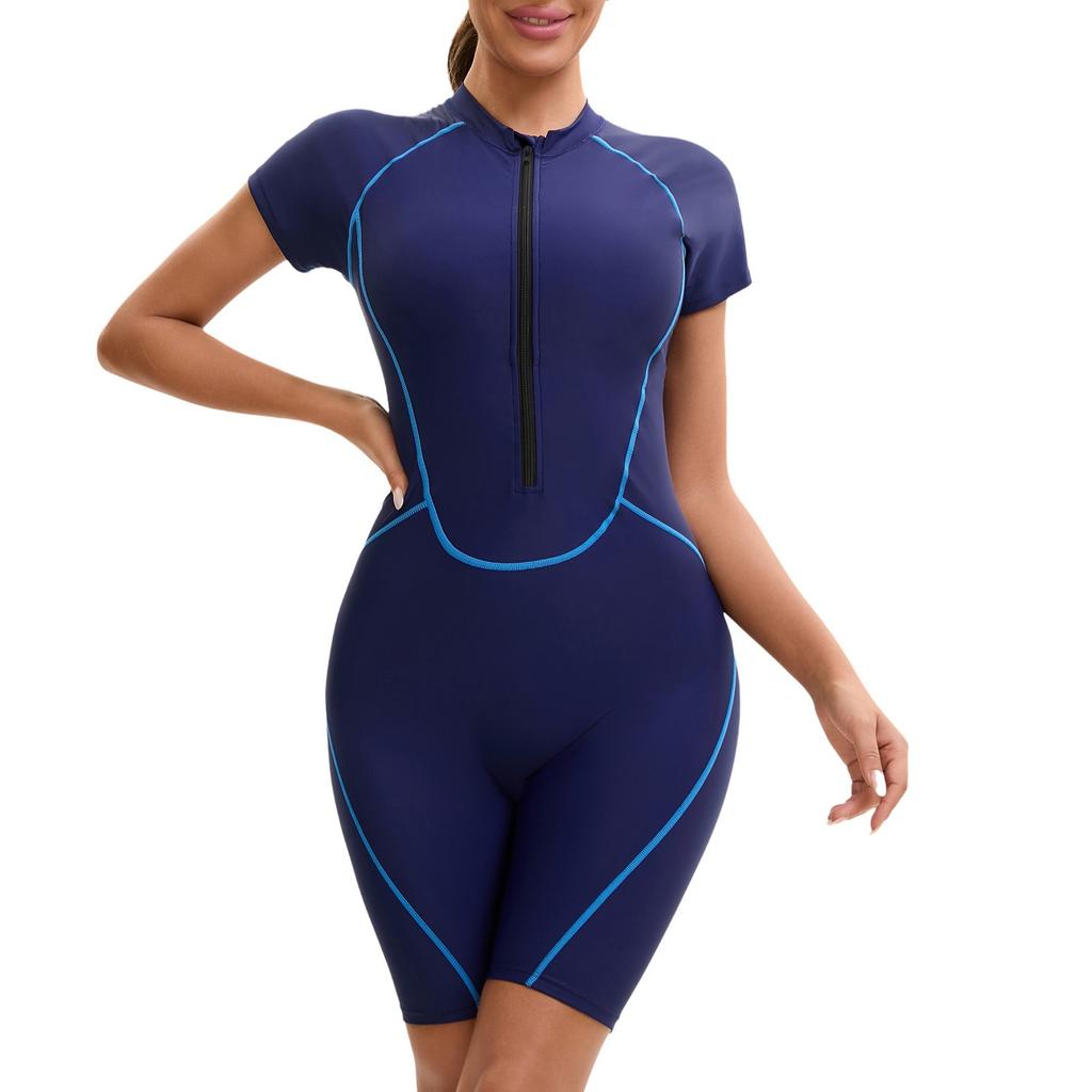 Женский слитный купальник с короткими рукавами на молнии и плоским углом, женские плавки с тремя точками и подкладкой для груди