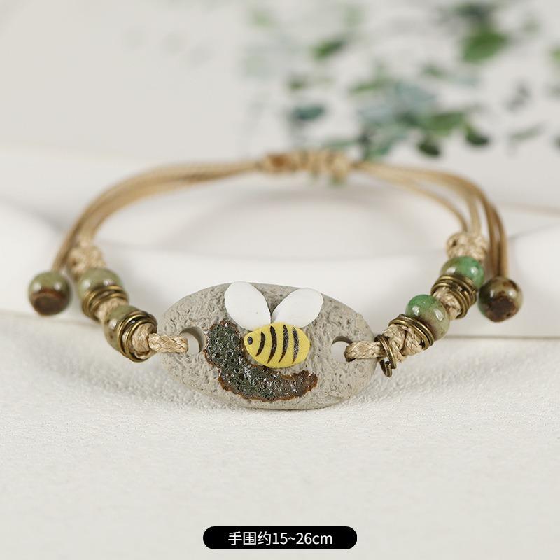 Retro Ceramic Flower Woven Bracelet Niche Literary Hand Rope Small Fresh Bell Bracelet Female