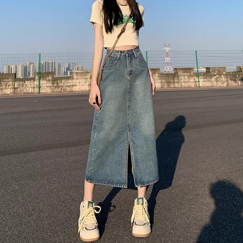 Юбка джинсовая с разрезом с высокой талией для женщин Новая осенняя А-силуэта Юбка, закрывающая бедра Юбка для фигуры "маленькая груша" Длинная юбка