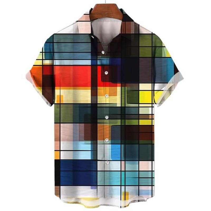 Мужская цветная клетчатая рубашка с 3D-принтом, горячая распродажа, повседневные модные гавайские рубашки, свободная пляжная блузка с коротким рукавом и пуговицами, мужская одежда